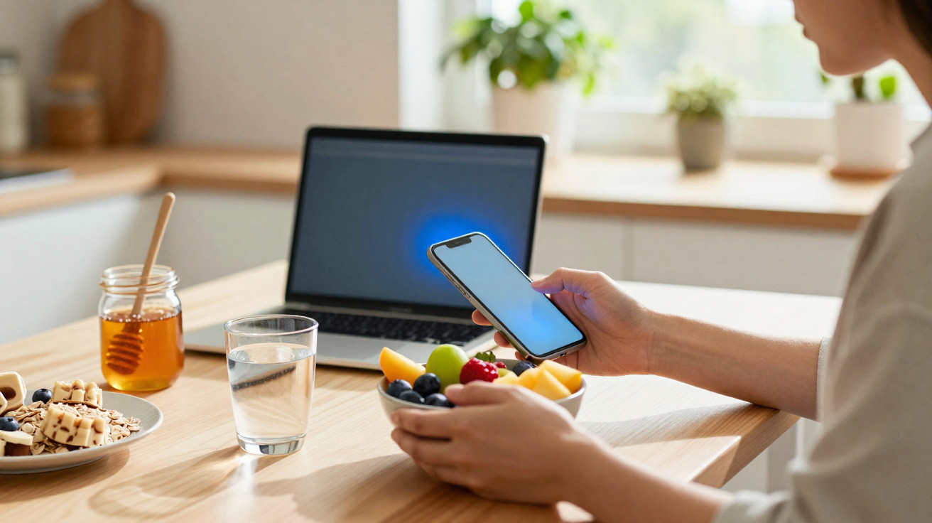 Pessoa segurando celular e tigela de frutas em mesa com vidro de água, potes e notebook ao fundo.