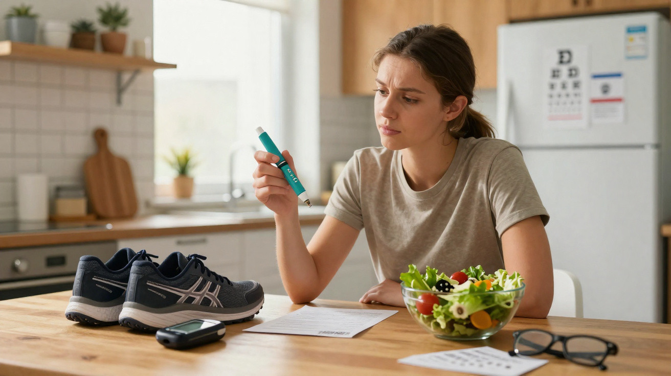 Mulher avalia monitor de glicose sentada à mesa com tênis, salada, óculos e aparelho de medição.