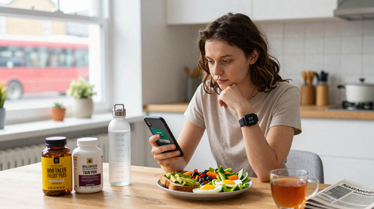 Mulher sentada à mesa, olhando para celular, com prato de comida saudável e suplementos ao lado.