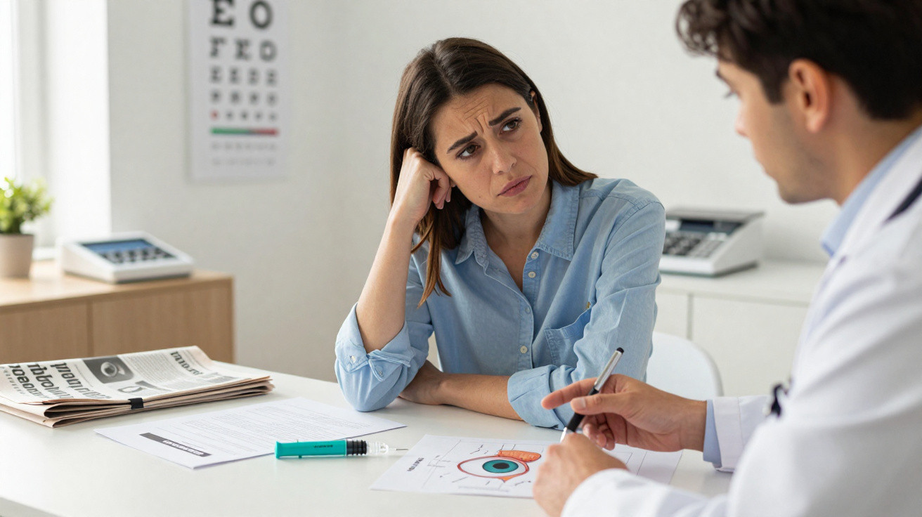Mulher preocupada consulta médico enquanto analisa desenho ilustrativo de olho em consultório.