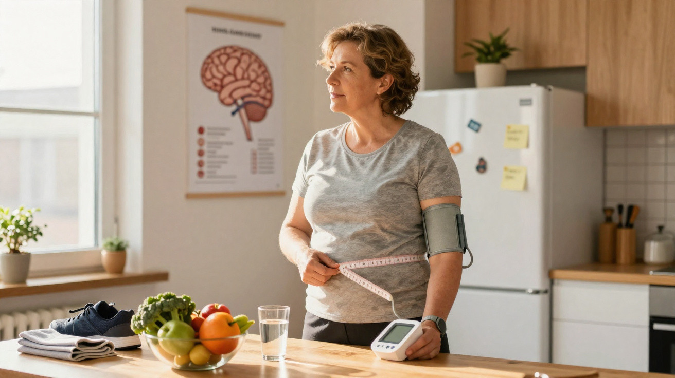 Mulher medindo a circunferência da cintura com fita métrica, usando monitor de pressão arterial em cozinha.