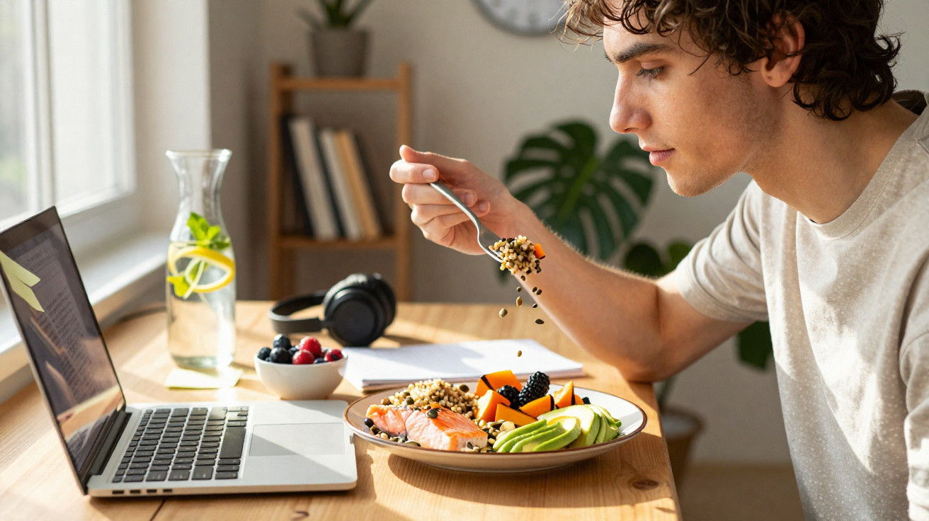 Jovem comendo refeição saudável enquanto trabalha em notebook em mesa com frutas e água.