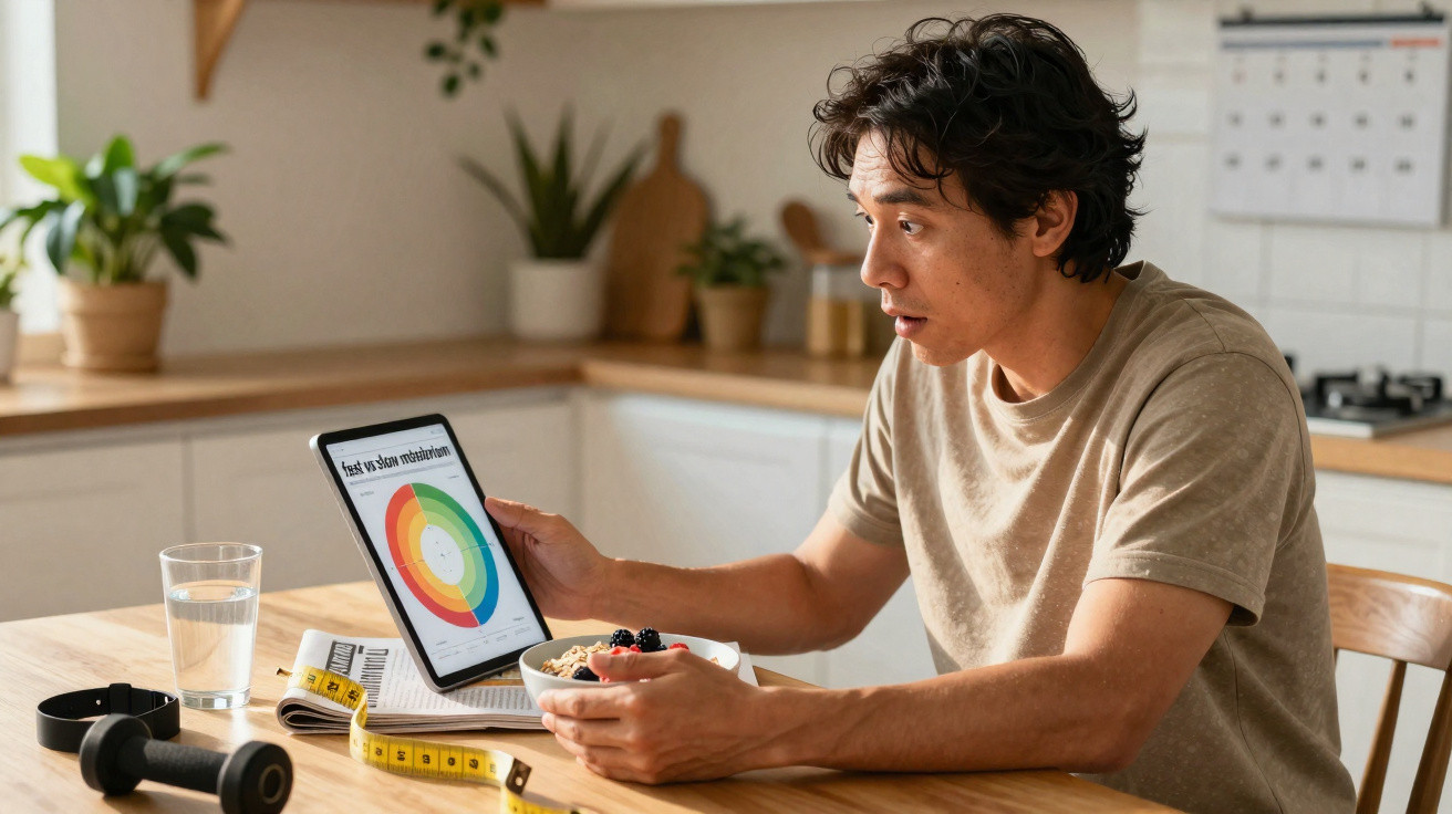 Homem sentado à mesa segurando tablet com gráfico, com prato de comida, copo, halteres e fita métrica.