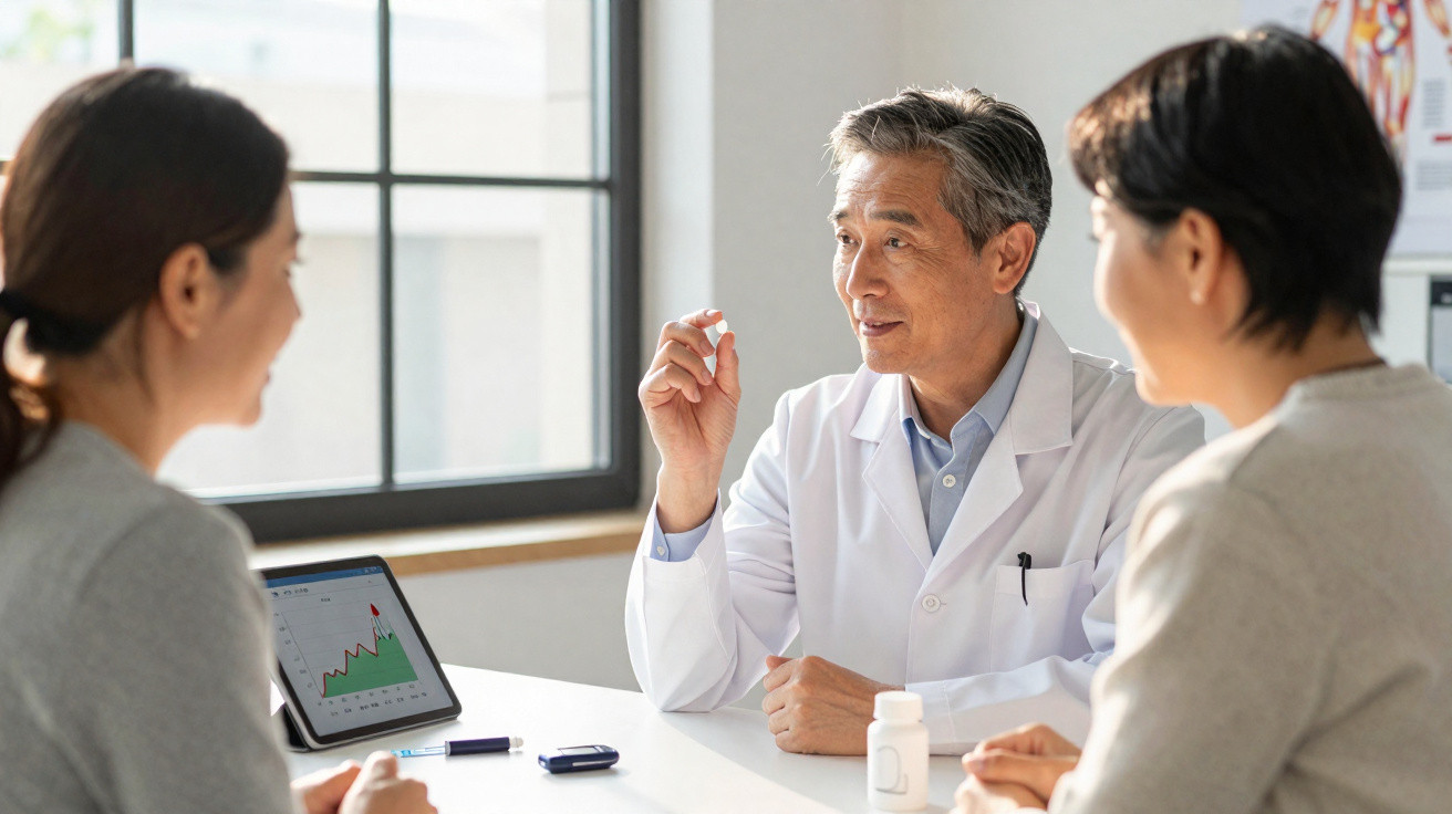 Médico explicando resultados a duas pacientes, com tablet mostrando gráfico de saúde na mesa.