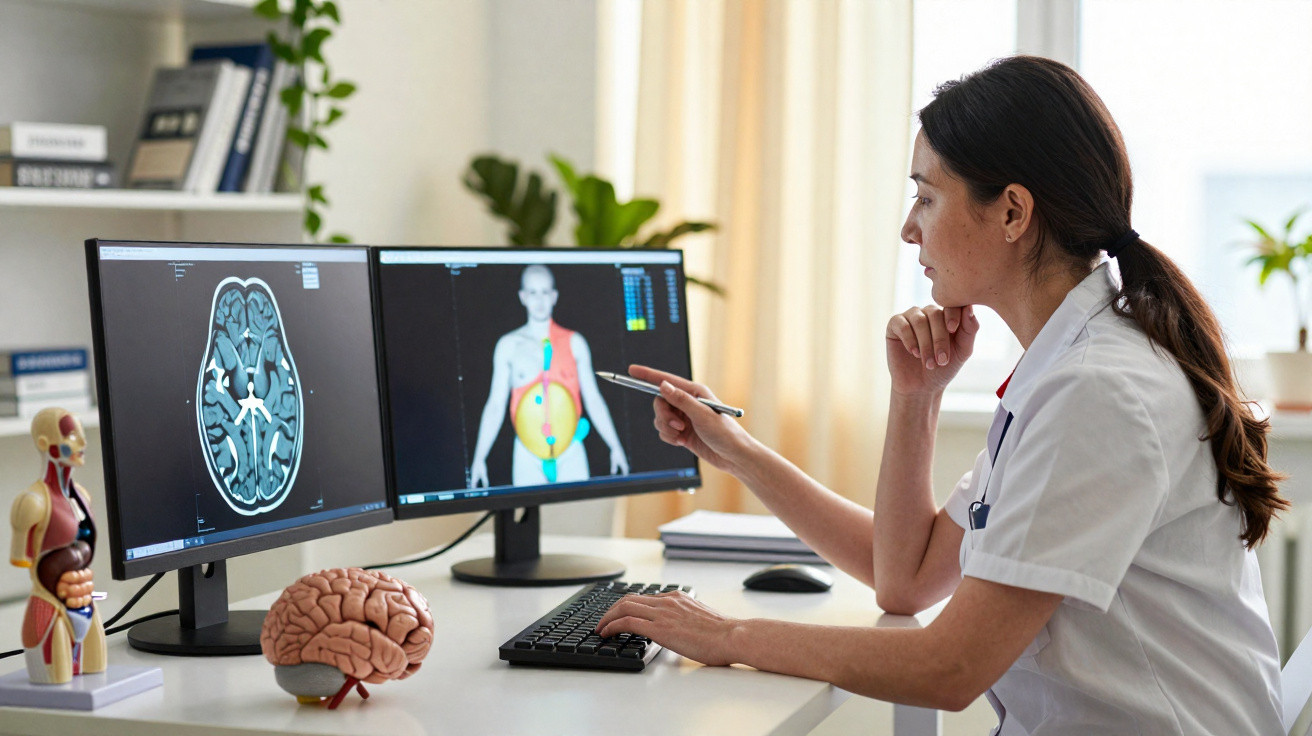 Mulher médica analisando imagens médicas do cérebro e sistema corporal em dois monitores na mesa do consultório.