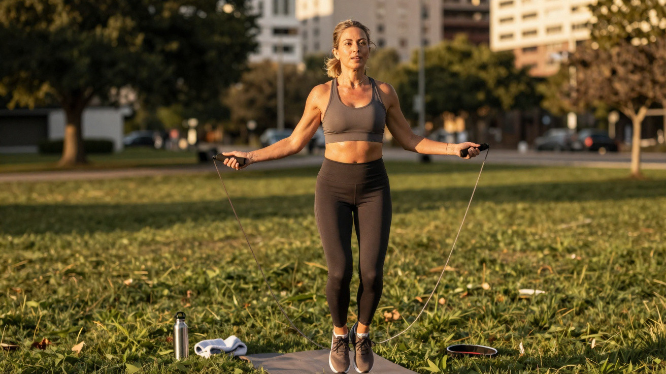 Mulher praticando salto com corda em parque urbano ao ar livre em dia ensolarado.