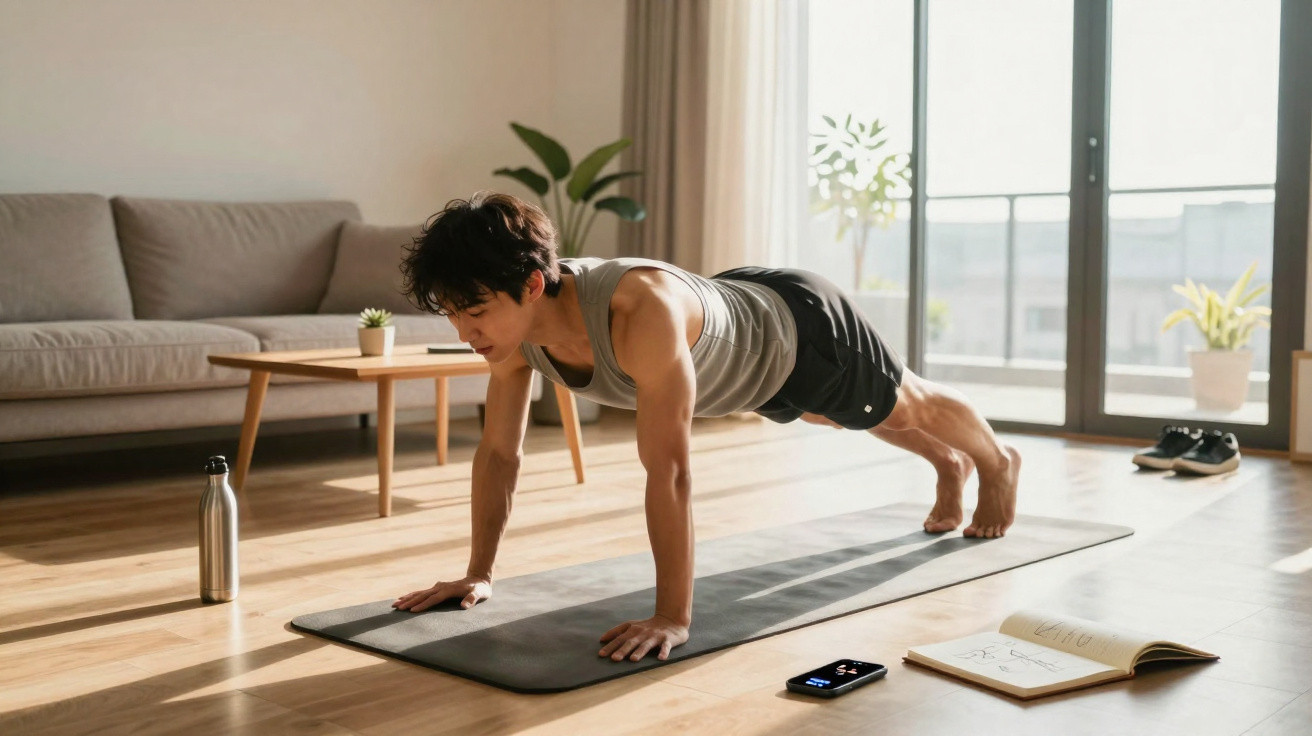 Jovem faz flexão apoiado em tapete de yoga em sala iluminada com celular e livro aberto ao lado.