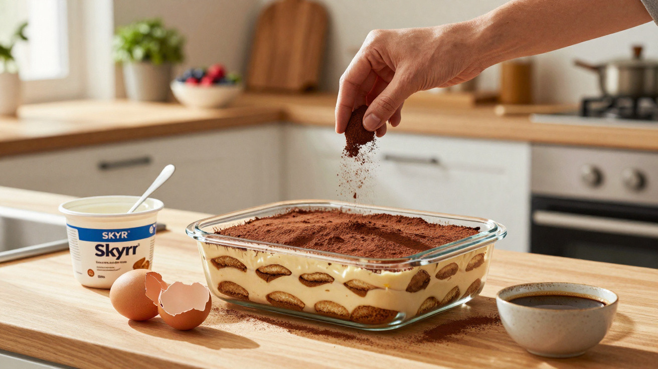 Mão polvilhando cacau sobre tiramisu em recipiente de vidro na bancada da cozinha moderna.