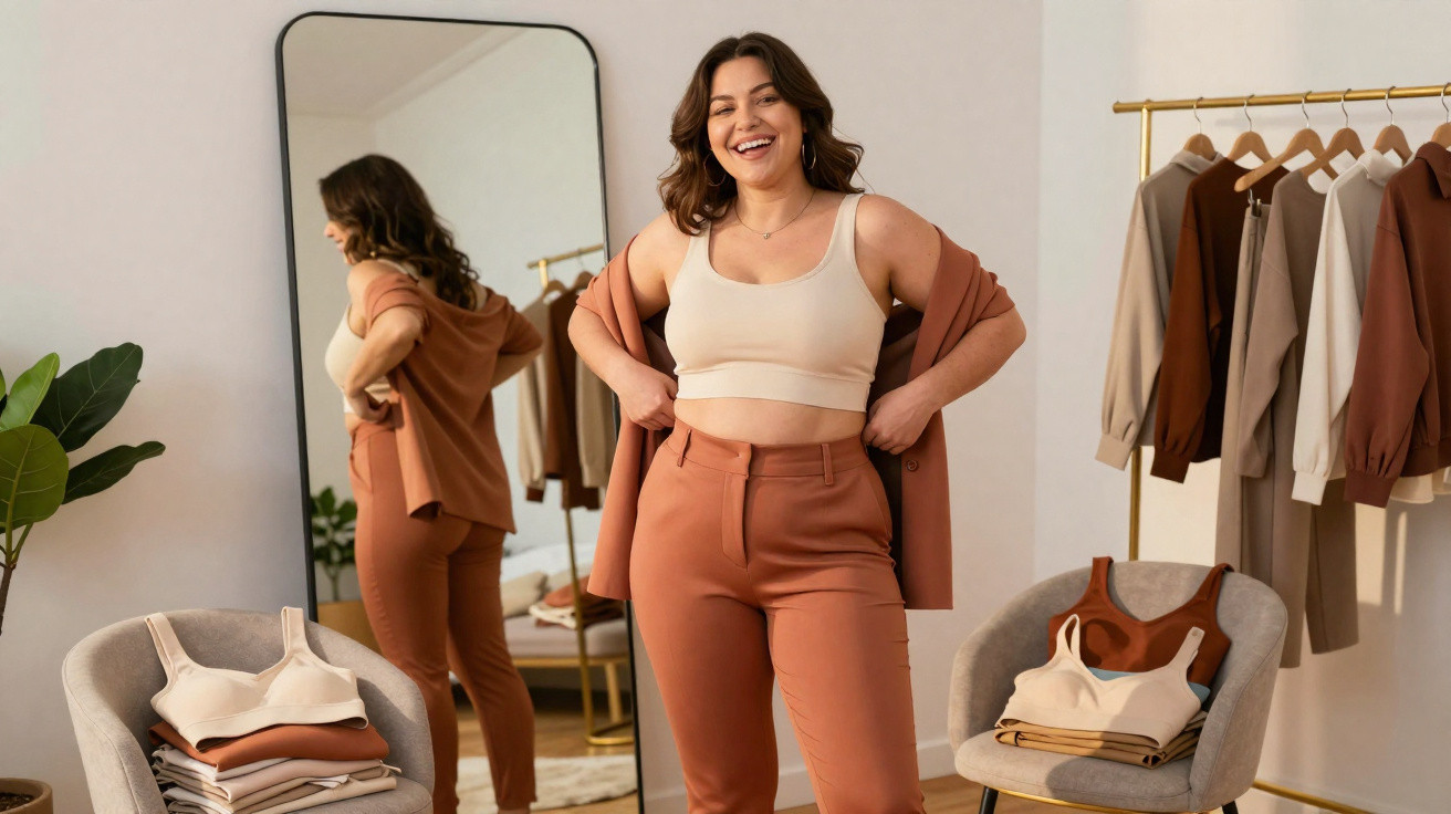 Mulher sorridente vestindo conjunto caramelo e regata nude em quarto com espelho, cadeira e cabide de roupas.