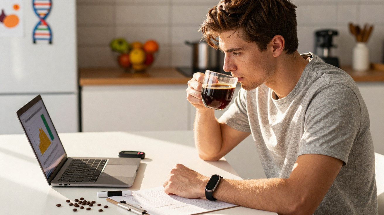 Jovem sentado à mesa em frente ao laptop, bebendo café e analisando gráficos em ambiente doméstico.
