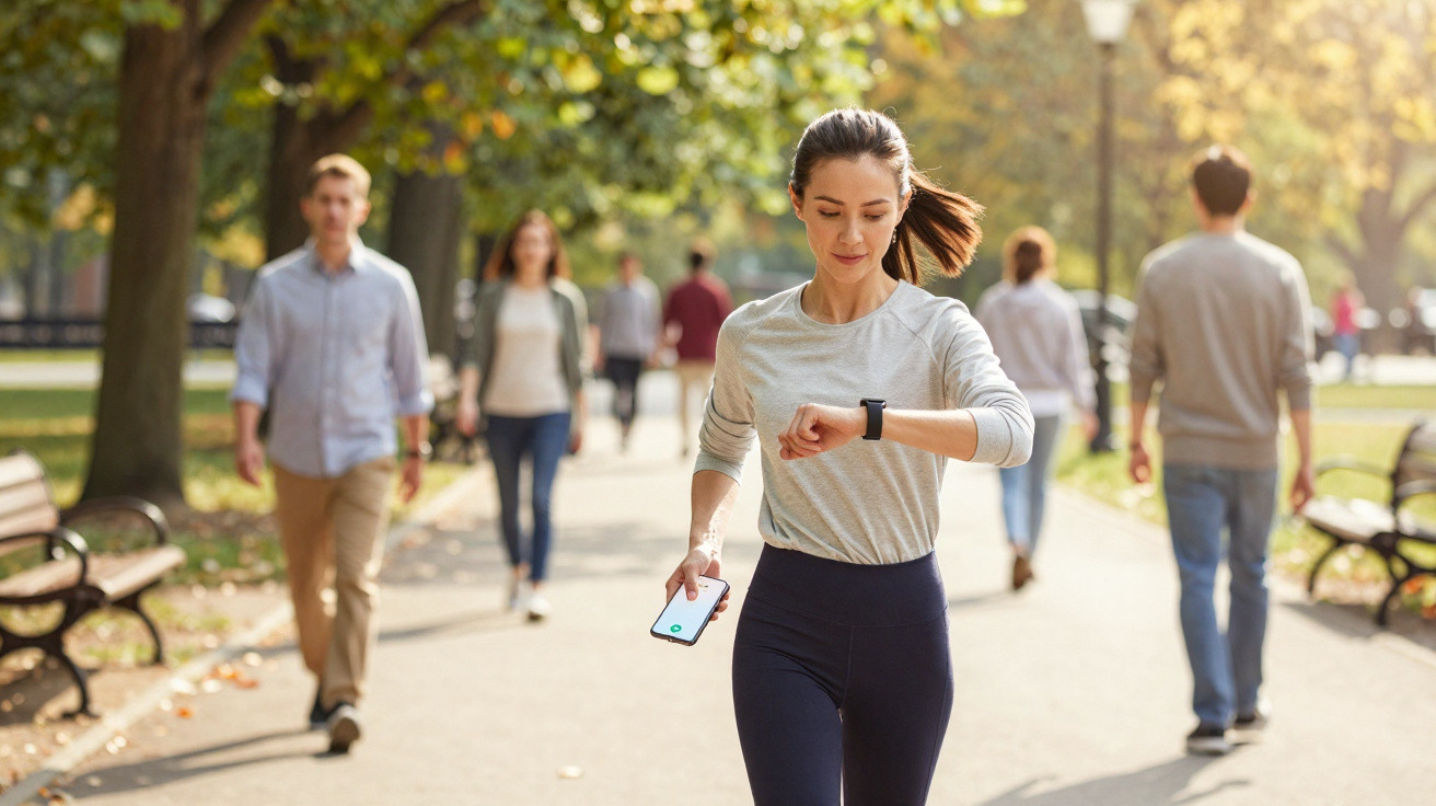 Mulher correndo em parque ensolarado usando relógio inteligente e segurando celular.