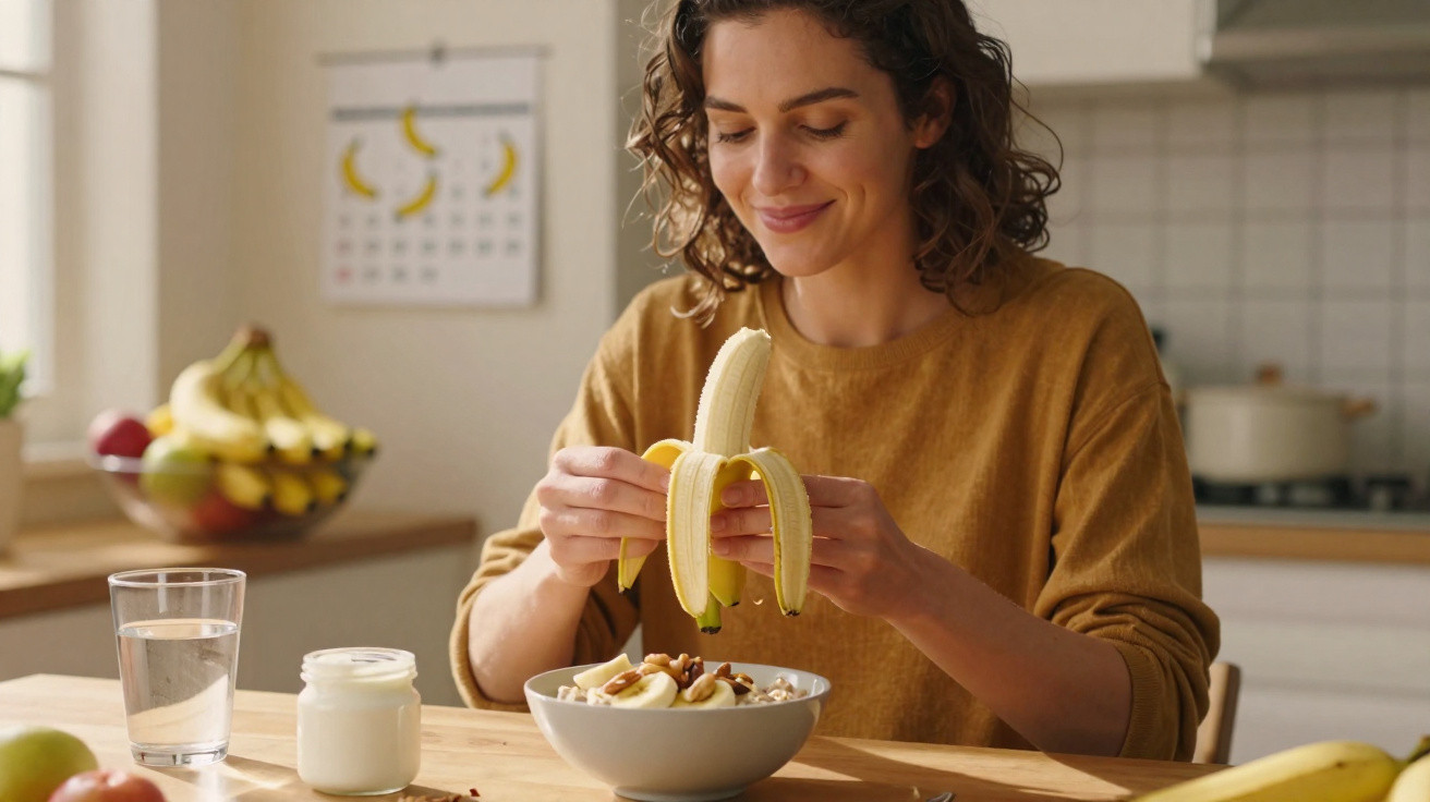 Mulher sorrindo descascando banana para uma tigela de cereal na cozinha iluminada.