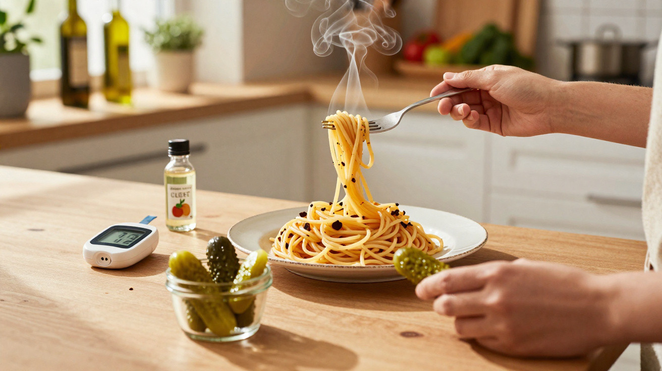 Mão segurando garfo com macarrão quente e outra mão segurando picles na mesa de madeira clara.
