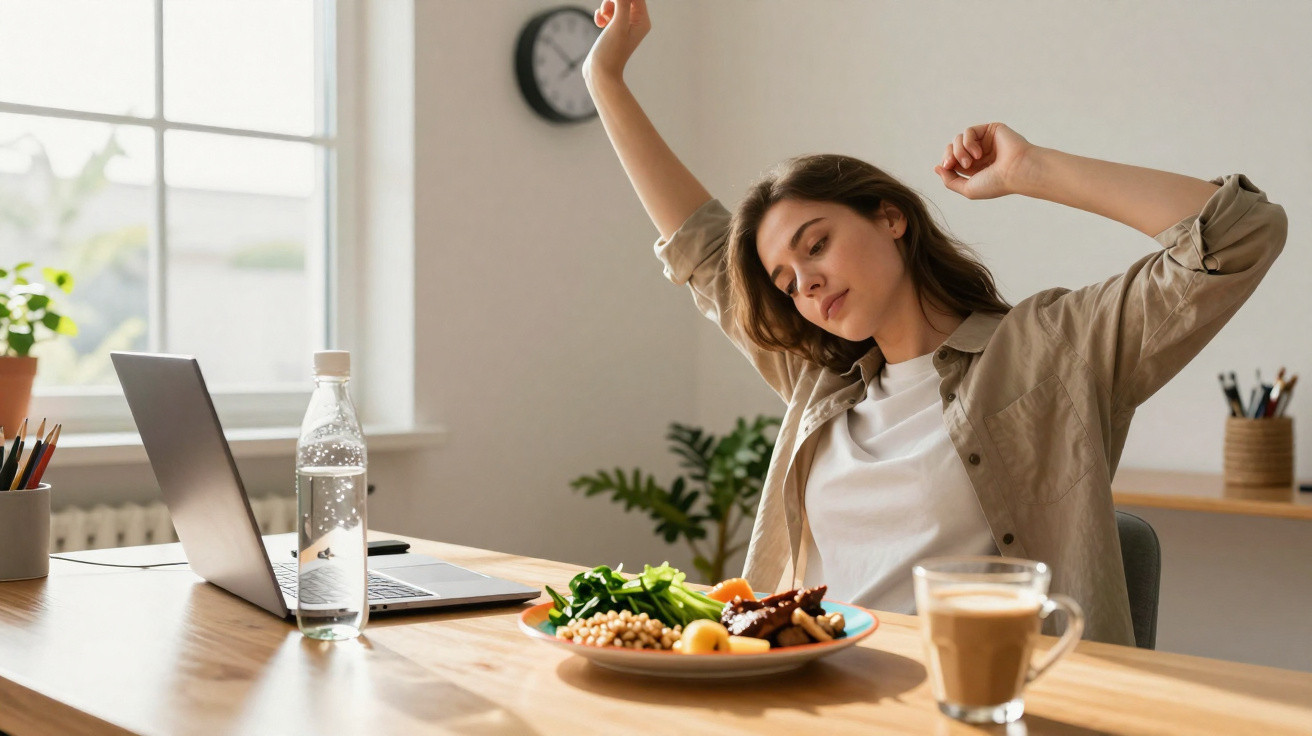 Mulher esticando os braços sentada à mesa com comida, laptop e café em ambiente claro e arejado.