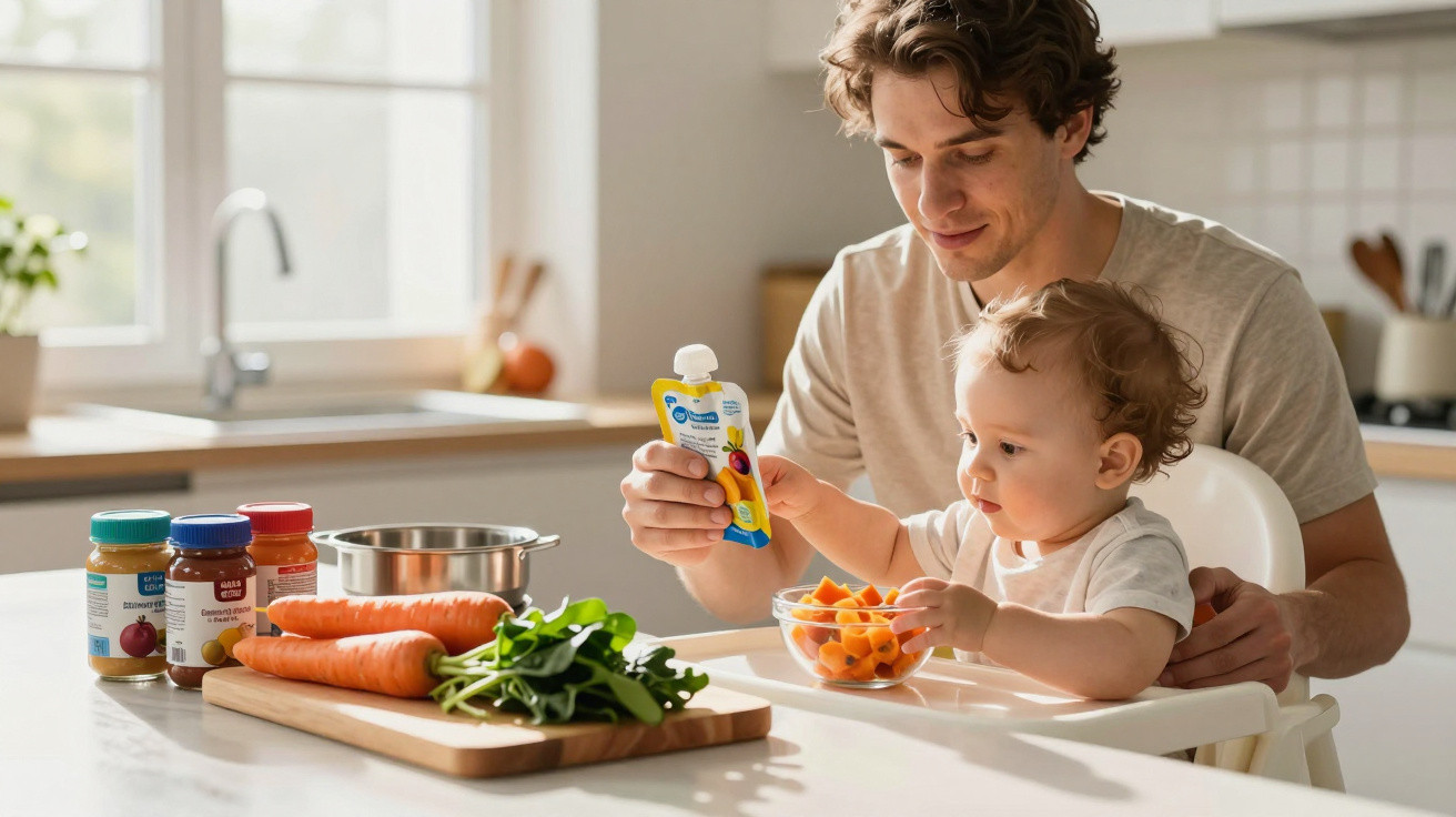 Pai alimenta bebê na cadeira alta, com potinhos de comida, cenoura e folhas na bancada da cozinha.
