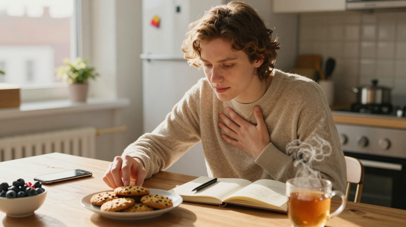 Pessoa com camiseta bege sentada à mesa, comendo biscoito e lendo livro em ambiente de cozinha.