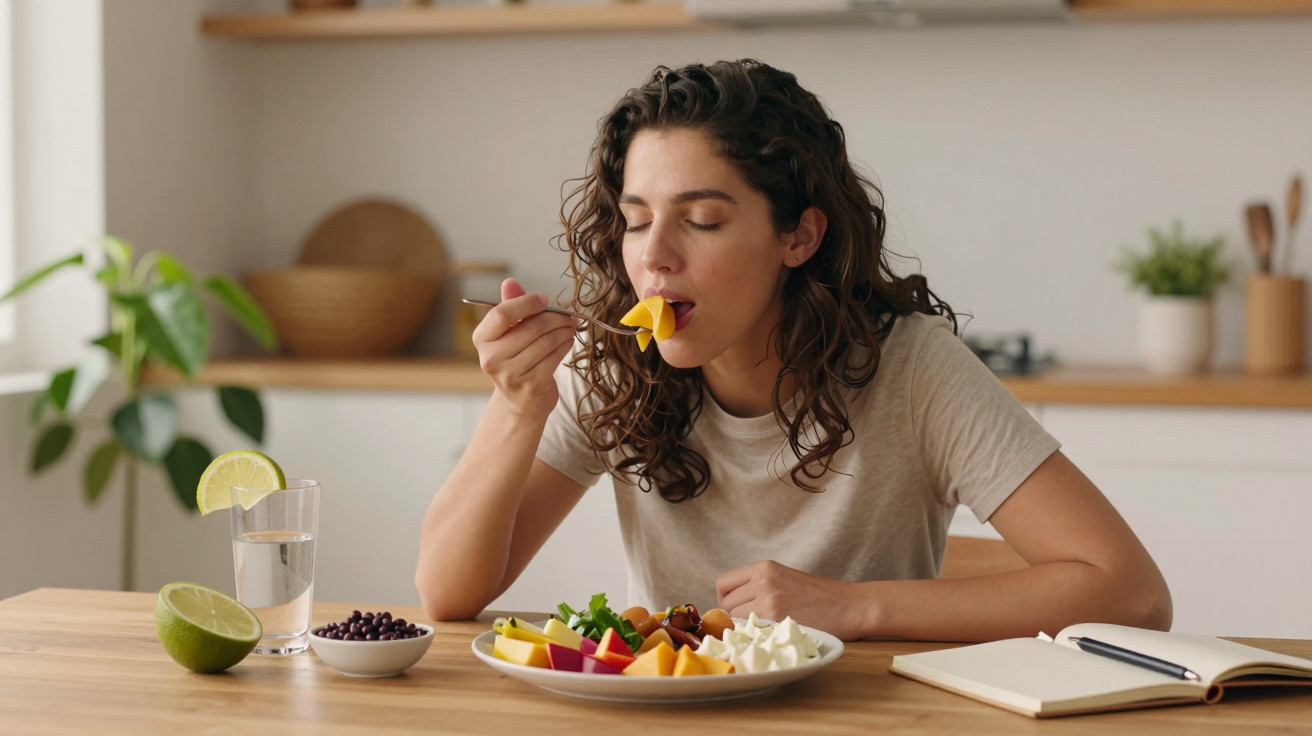 Mulher com olhos fechados saboreando fruta, sentada à mesa com prato de frutas e copo de água.