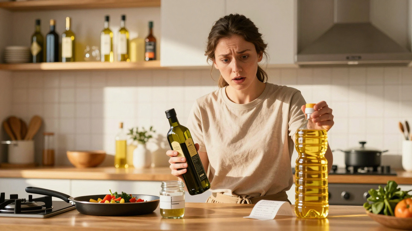 Mulher na cozinha comparando dois tipos de óleo de cozinha enquanto prepara refeição e consulta lista.