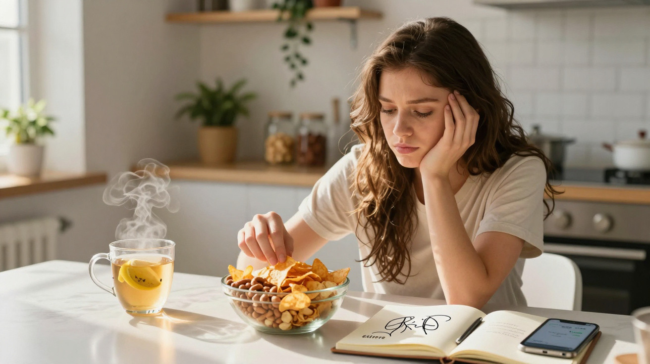 Mulher pensativa comendo petiscos em cozinha, ao lado de chá quente, agenda e celular.