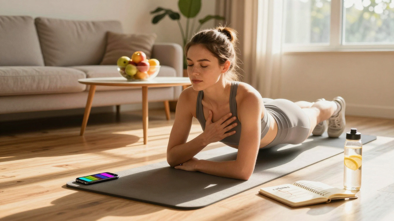 Mulher praticando prancha no tapete de yoga em sala iluminada, com garrafa de água e celular ao lado.