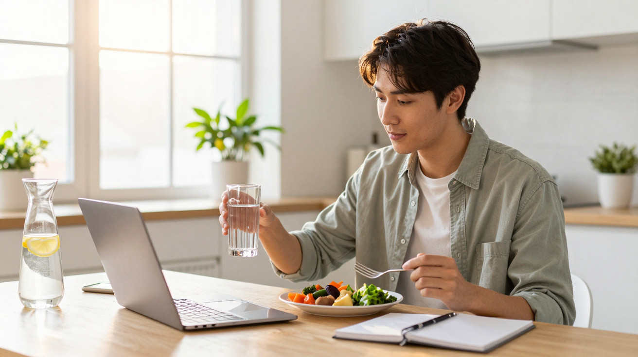 Jovem comendo salada e bebendo água enquanto usa laptop em cozinha clara e organizada.