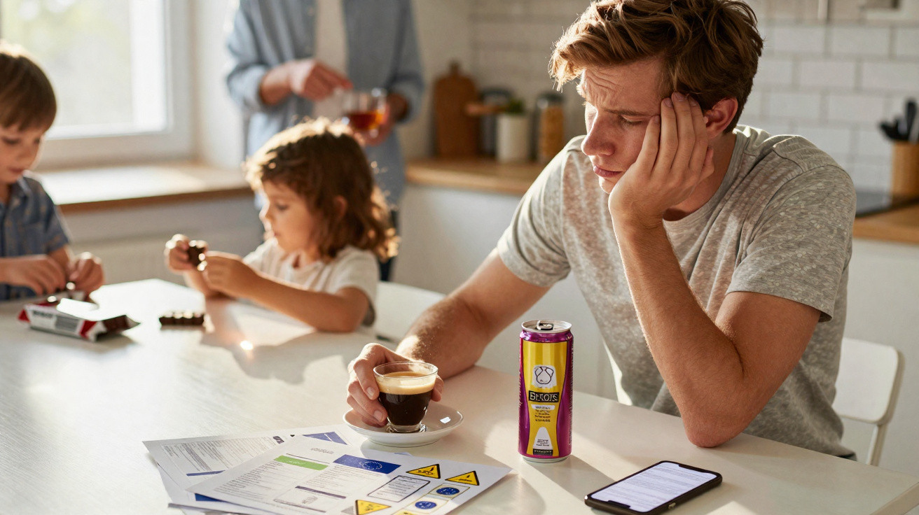 Jovem cansado apoiado na mão, com café e bebidas energéticas, enquanto crianças brincam ao fundo na cozinha.
