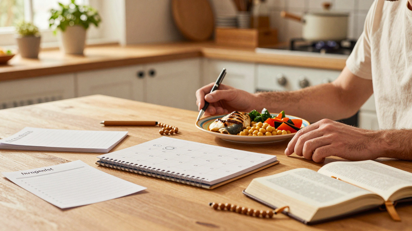 Pessoa escrevendo em agenda ao lado de comida saudável, caderno, papel e livro aberto em mesa de madeira.