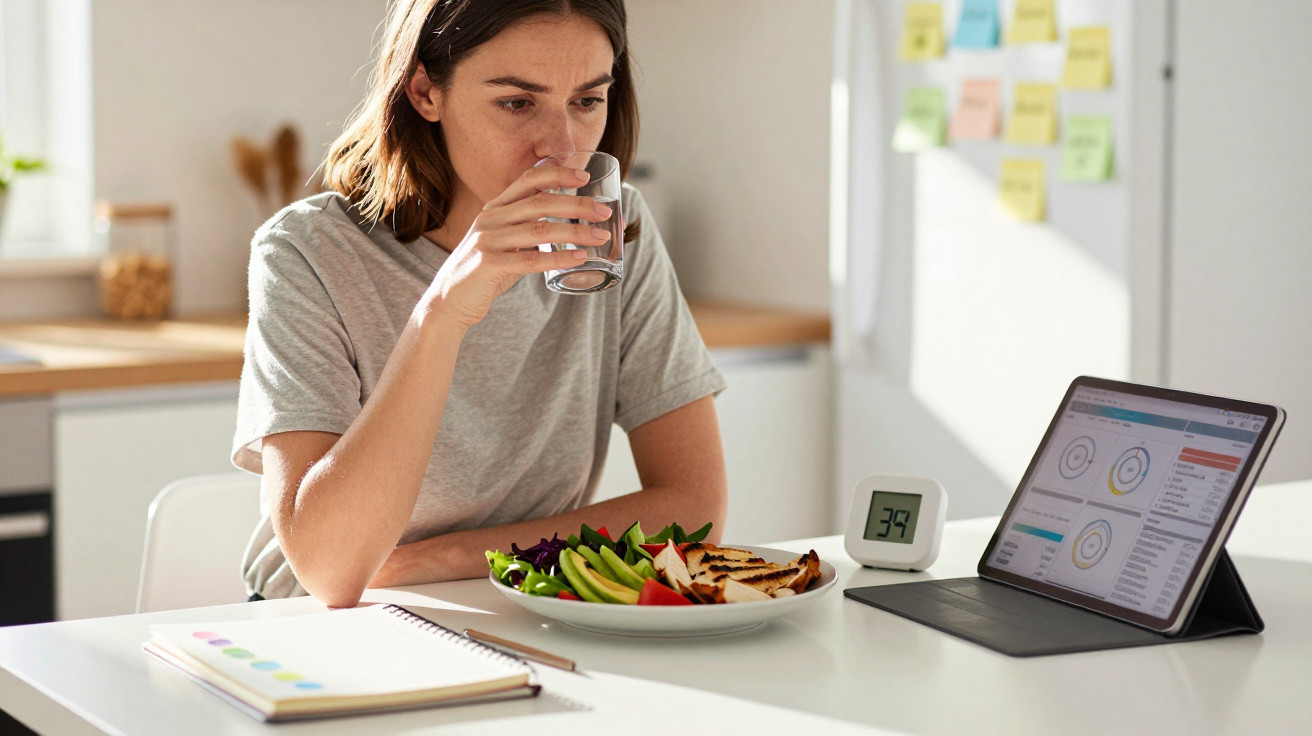 Mulher bebendo água sentada à mesa com prato de comida saudável, caderno e tablet com gráficos.