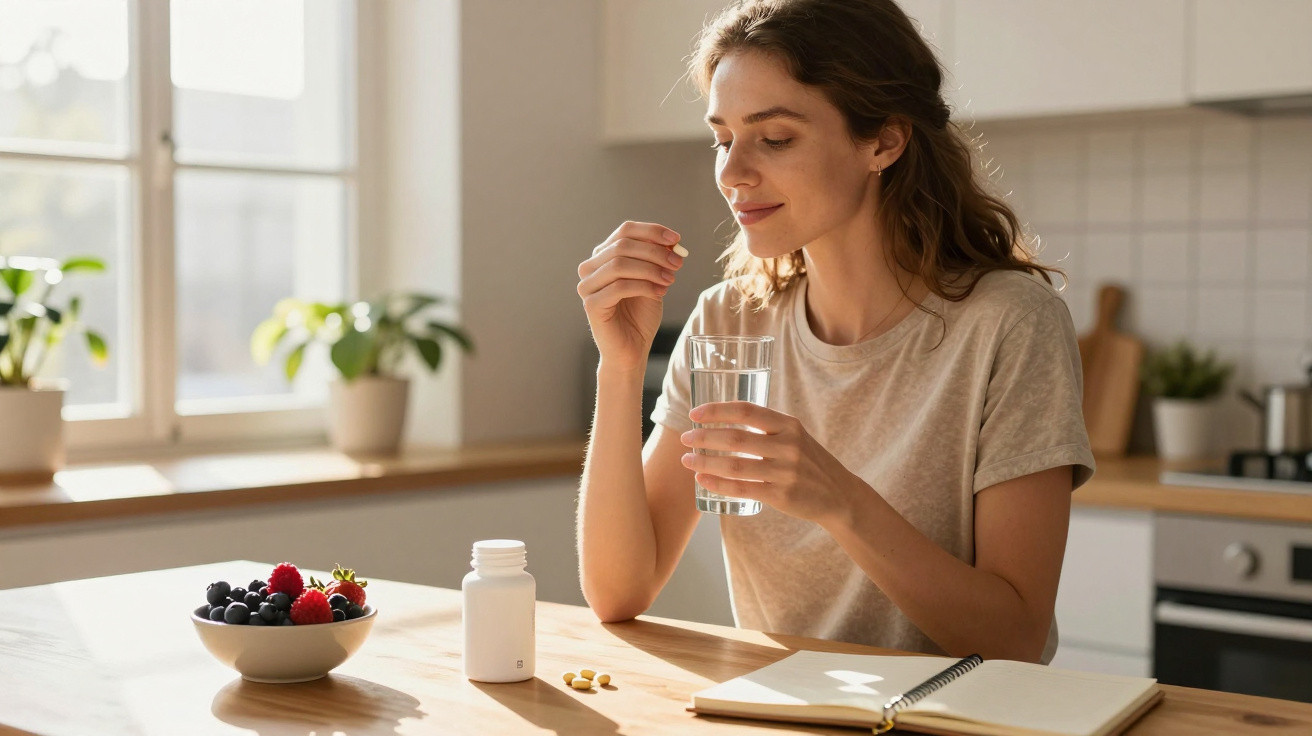 Mulher sentada à mesa tomando pílula com copo de água, ao lado potes de suplemento e frutas.