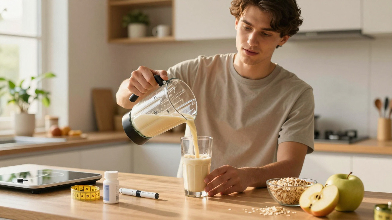 Homem jovem em cozinha despejando smoothie em copo, com maçãs, aveia, medidor e frascos na bancada.