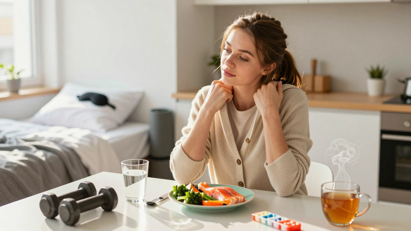 Mulher massageia o pescoço sentada à mesa com comida saudável, pesos, remédios e chá na cozinha.