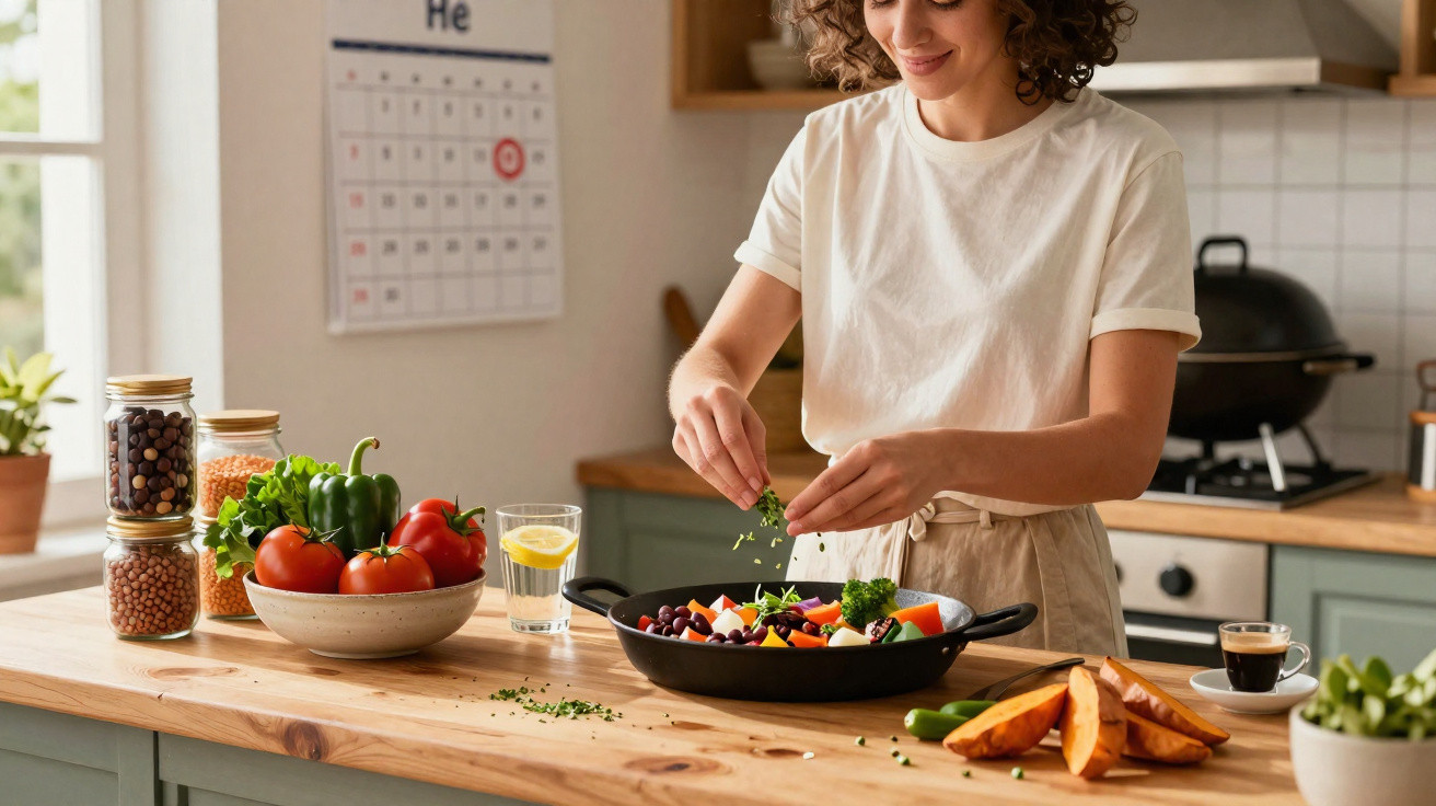 Mulher na cozinha temperando uma salada com legumes e vegetais frescos em uma bancada de madeira.