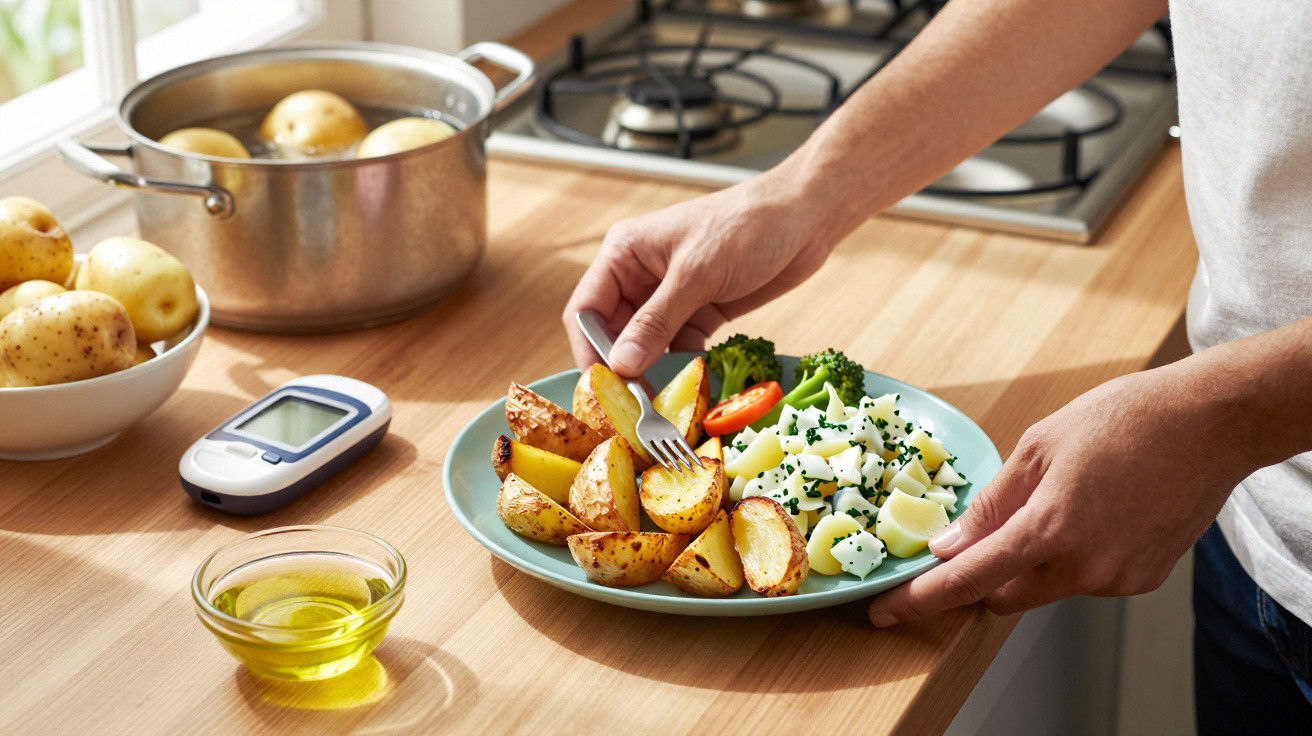 Pessoa segurando prato com batatas assadas, ovos cozidos com cebolinha e legumes na cozinha, com medidor de glicose na mesa.