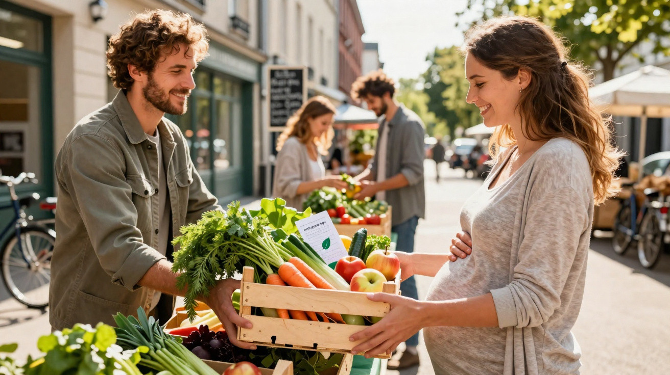Mulher grávida compra frutas e verduras em feira ao ar livre com vendedor sorridente.