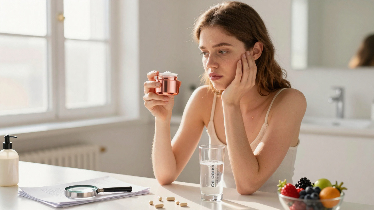 Jovem mulher sentada à mesa, segurando pote de creme, com remédios, copo d'água e frutas ao lado.