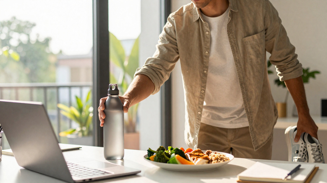 Homem colocando garrafa de água na mesa com prato de comida saudável e notebook ao lado.