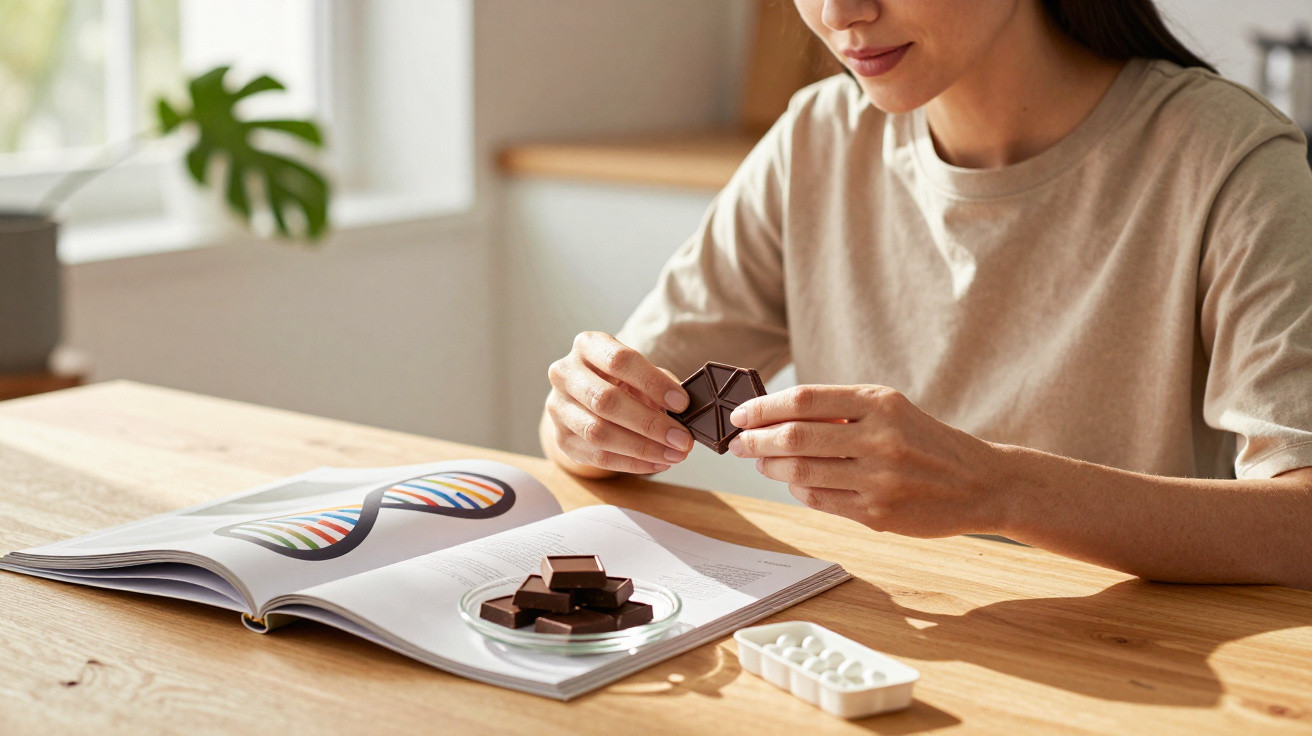 Mulher sentada comendo chocolate, livro aberto sobre DNA e caixa de comprimidos sobre a mesa.