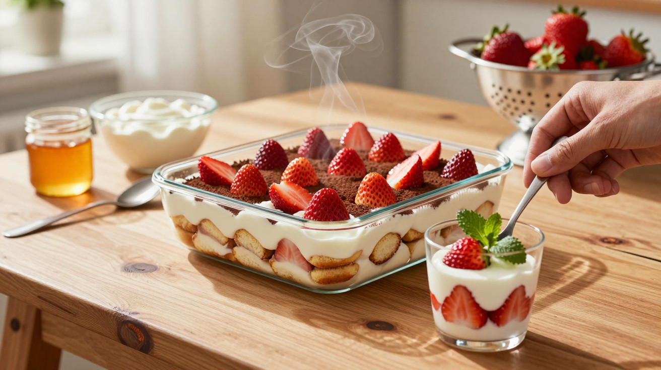 Mão servindo sobremesa cremosa com morangos frescos em taça, travessa com tiramisu e frutas na mesa de madeira.