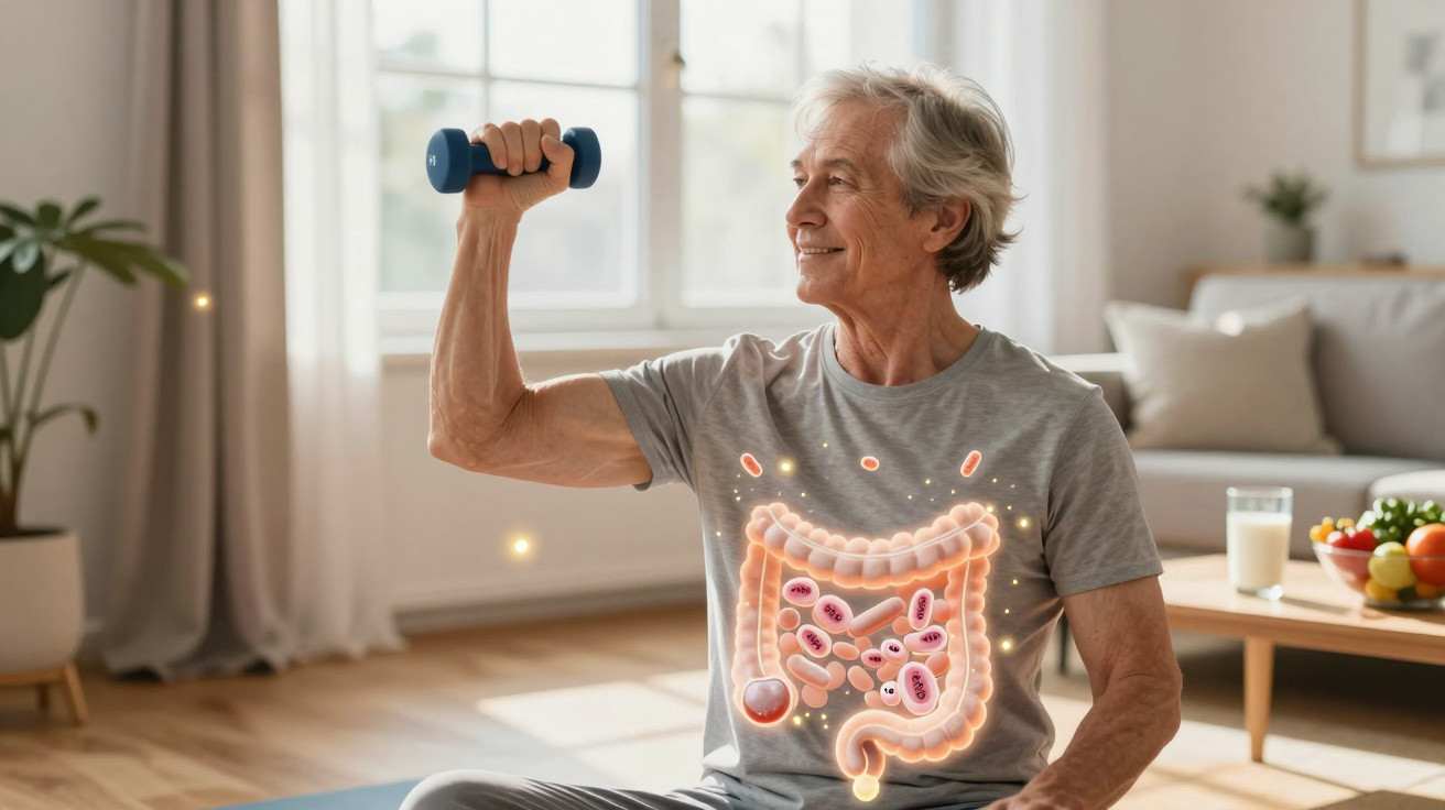 Homem idoso exercitando com haltere em casa, com ilustração do intestino sobreposta no peito.
