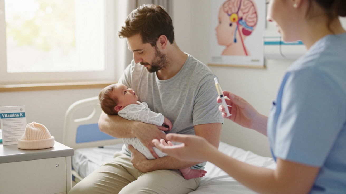 Pai segurando bebê no colo enquanto profissional de saúde prepara injeção em ambiente hospitalar.