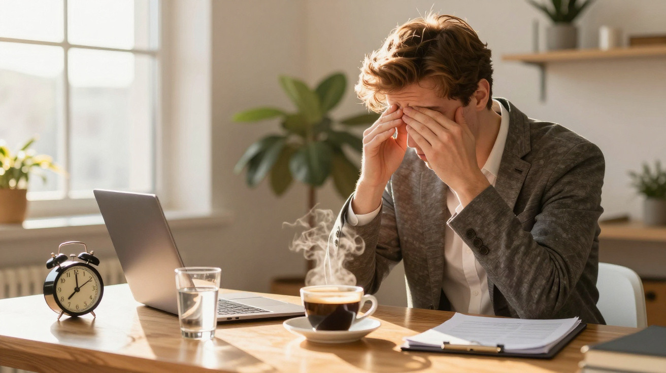Homem sentado à mesa de trabalho com laptop, café e despertador, massageando os olhos cansados.