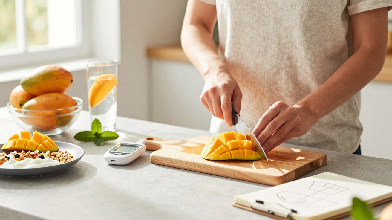 Pessoa cortando manga em cubos na tábua de madeira em cozinha clara, com suco, frutas e aparelho de glicemia à mesa.