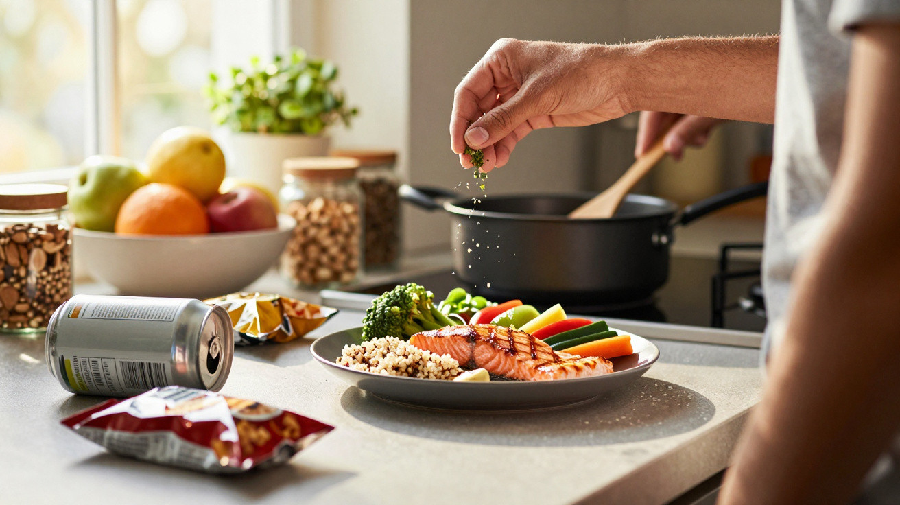 Pessoa temperando prato com salmão, legumes e quinoa em cozinha com frutas e potes ao fundo.
