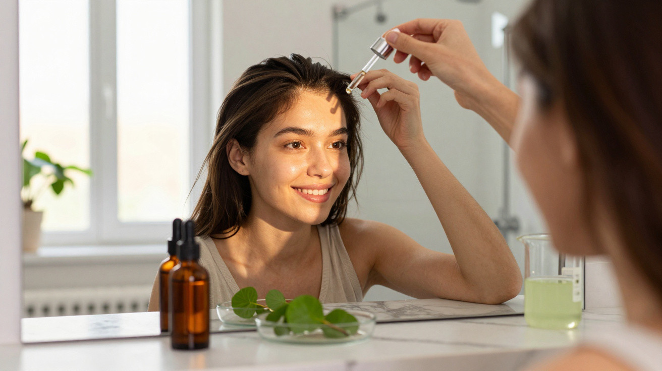 Mulher sorrindo aplica sérum facial com conta-gotas em frente ao espelho em ambiente iluminado natural.