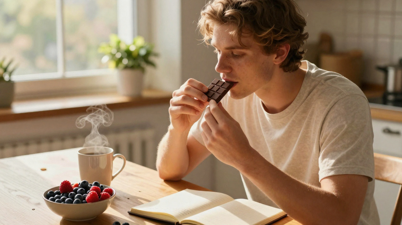 Homem jovem sentado à mesa com livro aberto, comendo chocolate em cozinha iluminada pela manhã.