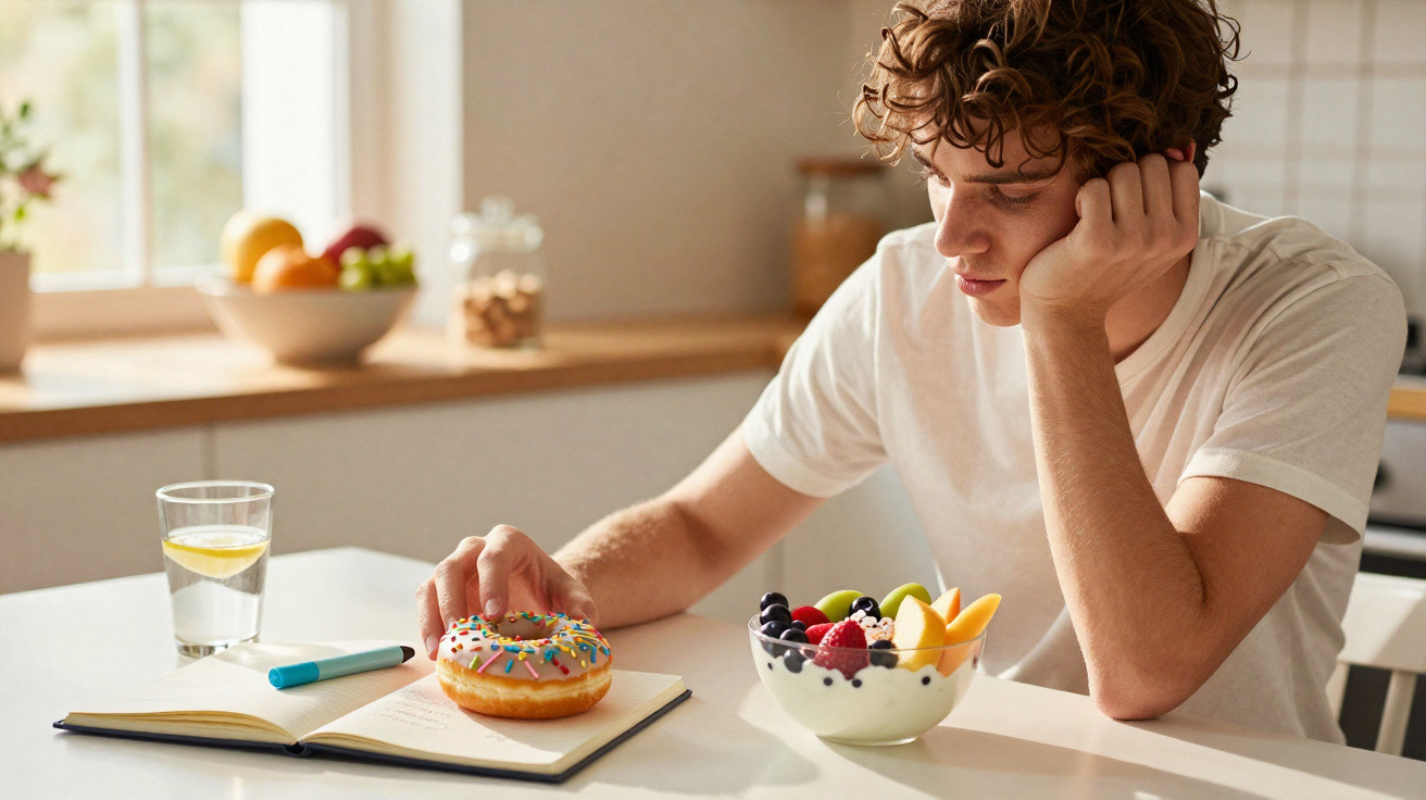 Jovem sentado à mesa com um donut colorido, tigela de frutas e copo com água e limão.