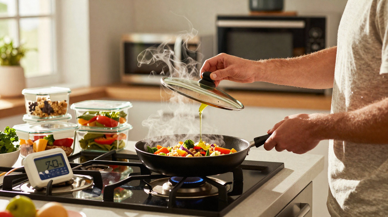 Pessoa regando legumes na frigideira com azeite em fogão a gás na cozinha moderna e iluminada.