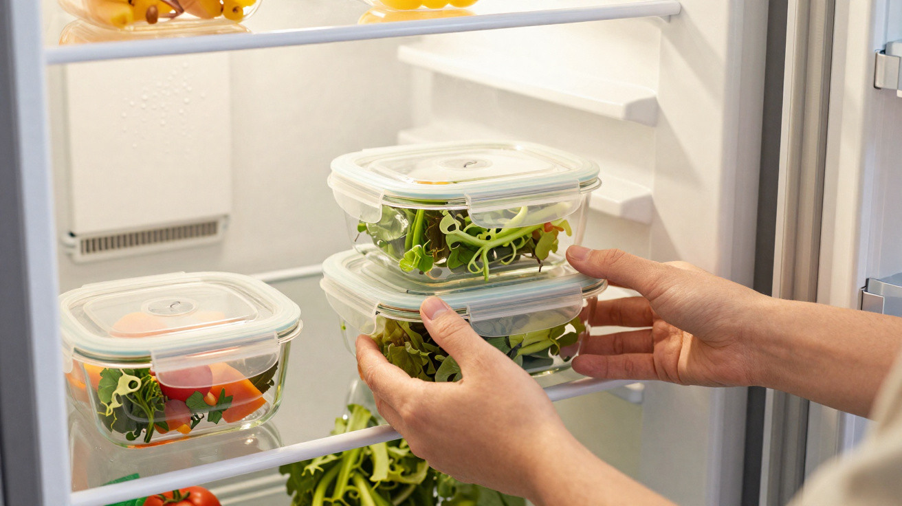 Mãos organizando potes de vidro com salada dentro de uma geladeira branca.
