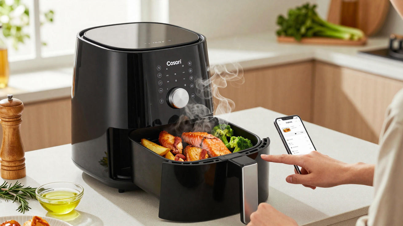 Fritadeira elétrica preta Cosori com comida saudável quente e vapor saindo na cozinha moderna.