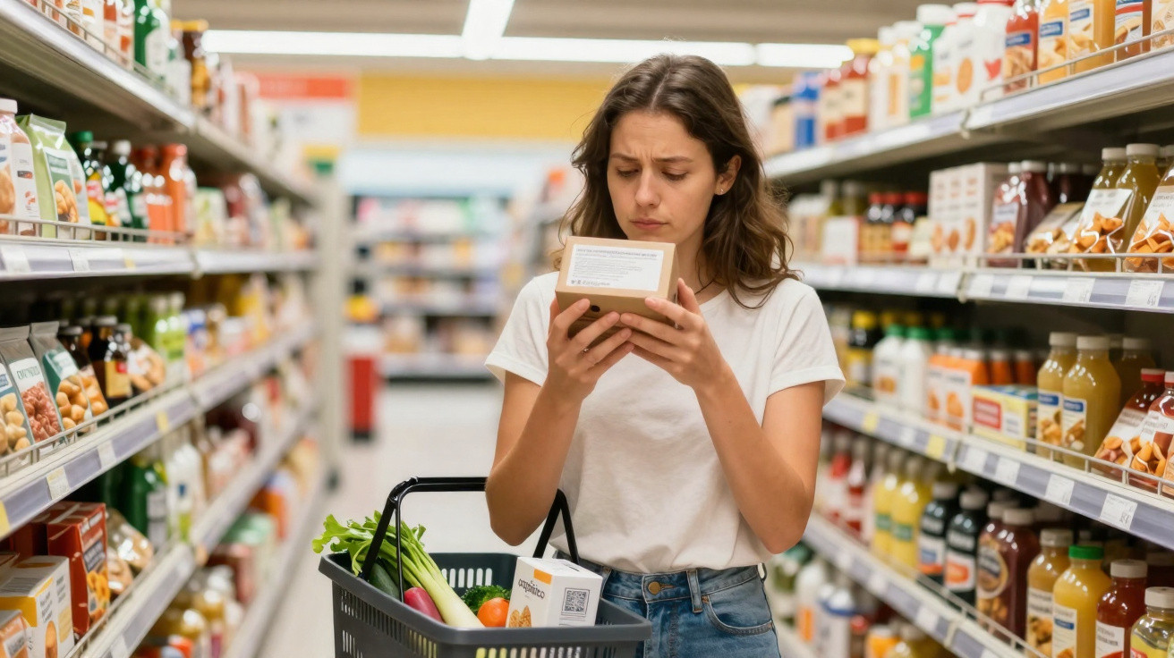 Mulher jovem olhando rótulo de produto com expressão de dúvida em corredor de supermercado.